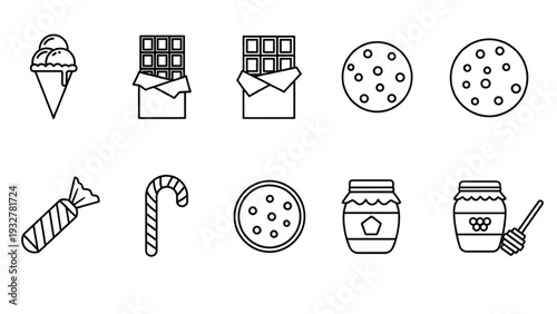 Sweet Treats Icon Sheet, Minimalist Line Art Vector Set with Ice Cream, Chocolate, Cookie, Candy Cane and Honey, Black and White Dessert Food Icons.