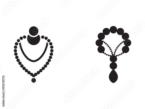 Black and white jewelry icons of necklaces and beads on white background