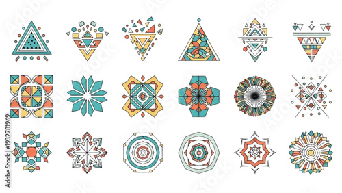 Festive Geometric Shapes Icon Sheet, Minimalist Line Art Vector Set with Triangles, Circles, Diamonds and Polygons, Black and White Pattern Elements.