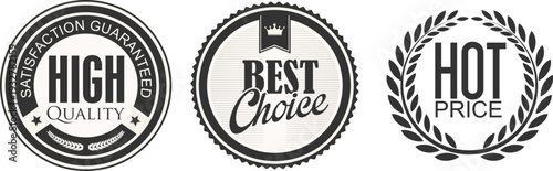 Three black and white labels with promotional text