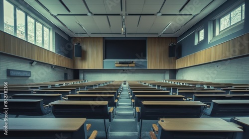 A spacious, dimly lit university lecture hall with rows of empty wooden desks and a large screen at the front, awaiting students for a lecture.