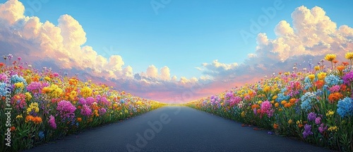 Empty paved road flanked by vibrant wildflower meadows and colorful blossoms under a glowing pastel sky with fluffy clouds, evoking peaceful hopeful calm