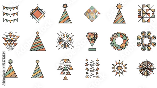 Festive Geometric Shapes Icon Sheet, Minimalist Line Art Vector Set with Triangles, Circles, Diamonds and Polygons, Black and White Pattern Elements.