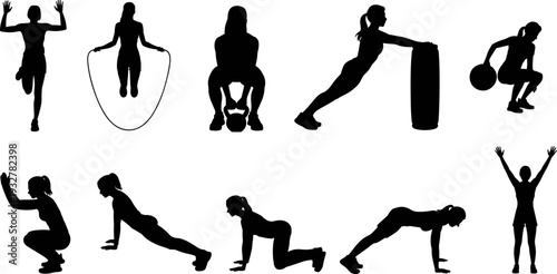 Fitness workout silhouette collection with jumping rope kettlebell push up plank basketball exercises, athletic training poses set