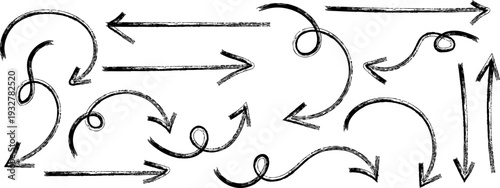A collection of hand drawn arrows in various directions and styles on a white background
