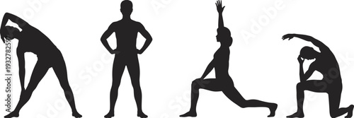 Stretching exercise silhouette set, side bend standing pose lunge stretch flexibility workout and fitness training collection