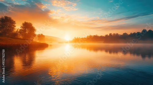 A breathtaking sunrise over a serene lake, with a calm and reflective surface, surrounded by lush green trees and a soft, golden glow.