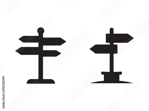 Black directional signs on white background  two signs with multiple arrows pointing different ways