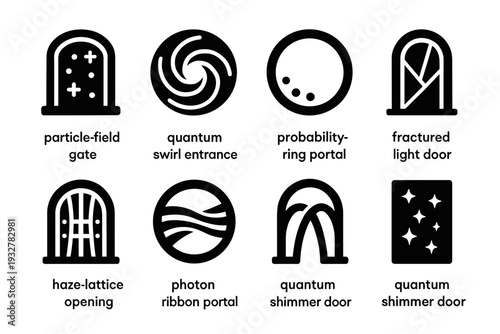Quantum Portal Icons. Quantum dream portals. Filled icon set of quantum dream portals: particle-field gate,