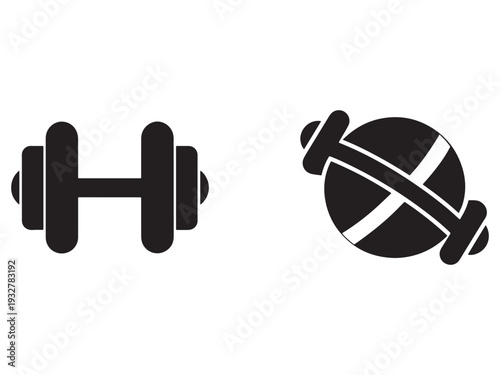 Black icons of dumbbell and medicine ball for fitness and sports  exercise equipment symbols