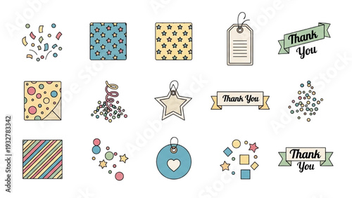 Final Touches Icon Sheet, Minimalist Line Art Vector Set with Confetti, Wrapping Paper, Gift Tag and Thank You Banner, Black and White Party Symbols.
