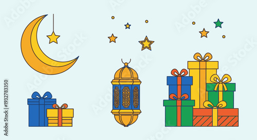 Colorful gifts and lanterns celebrate under starry night sky with crescent moon