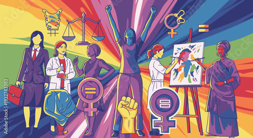 A vibrant illustration celebrates empowerment with diverse women in various professions and creative pursuits surrounded by equality and freedom symbols.