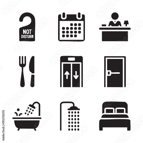 Hotel stay experience icons set depicting various amenities and services from check-in to dining and relaxation in a modern hotel environment viewed from a guest's perspective