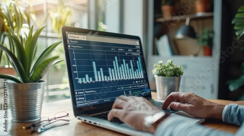 A person is using a laptop to analyze financial data, with green plants in the background, creating a serene and focused workspace.