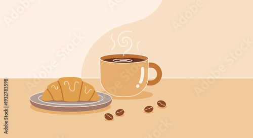 A steaming cup of coffee and croissant on a table, viewed from the side, with coffee beans scattered around.