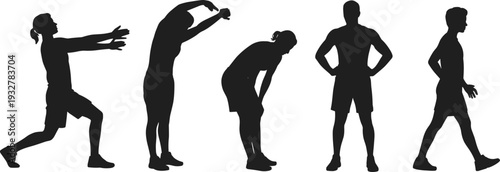 Stretching exercise silhouette collection, men and women warm up fitness poses isolated on white background