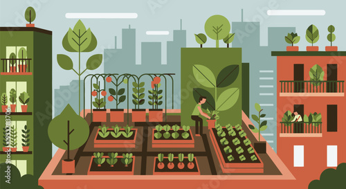 Urban gardening scene with plants and buildings in the background cityscape