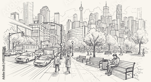 People walk on a city street with buildings, cars, and a man sitting on a bench.