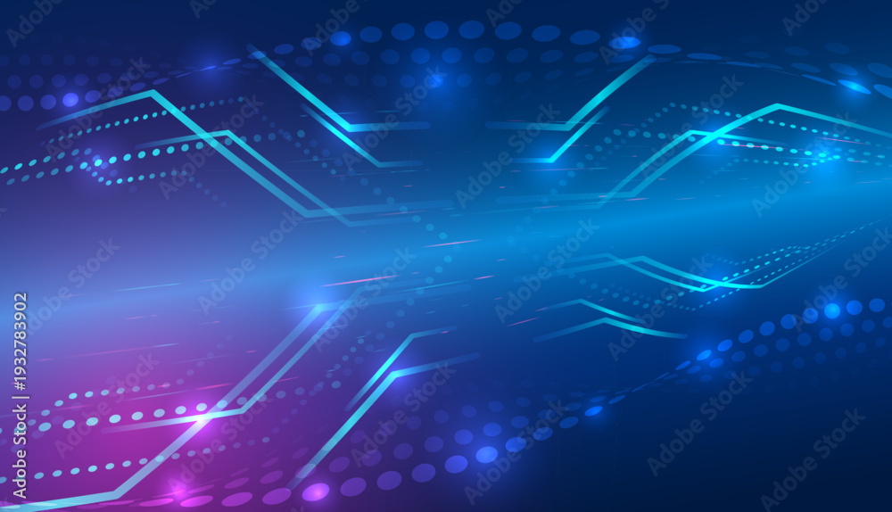 Obraz premium Abstract futuristic technology background with glowing blue and purple neon lines, digital dots, and dynamic data flow. Modern high-tech concept for innovation, networking, and big data.