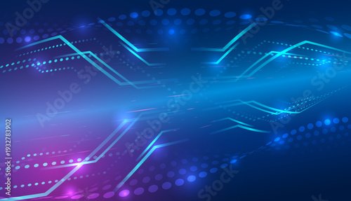 Abstract futuristic technology background with glowing blue and purple neon lines, digital dots, and dynamic data flow. Modern high-tech concept for innovation, networking, and big data.