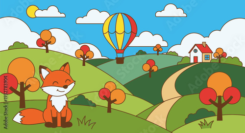 A cartoon fox sits on a green hill with trees, a winding road, and a hot air balloon floating above.