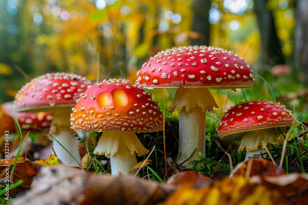 Fototapeta premium Red and white spotted fly agaric mushrooms are growing on mossy forest floor covered with colorful autumn leaves