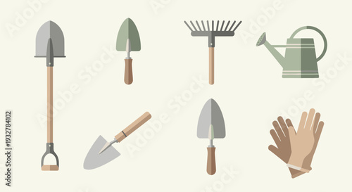 Gardening tools and equipment set including shovels, trowels, rake, watering can, and gloves in a collection.