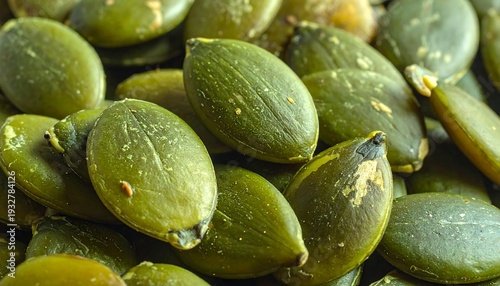 Close-up of green pumpkin seeds, a healthy snack option.