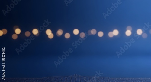 Night background with golden bokeh lights over dark blue gradient surface featuring subtle islamic pattern border for luxury festive celebration and ramadan kareem events or elegant evening parties