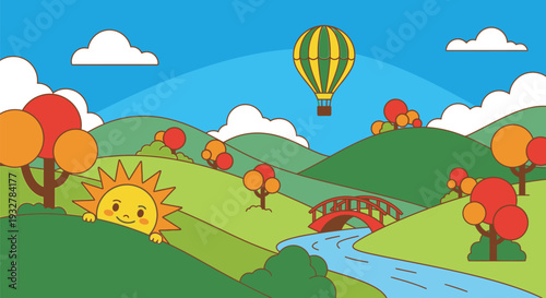 A serene landscape with a hot air balloon floating above a picturesque bridge and rolling hills