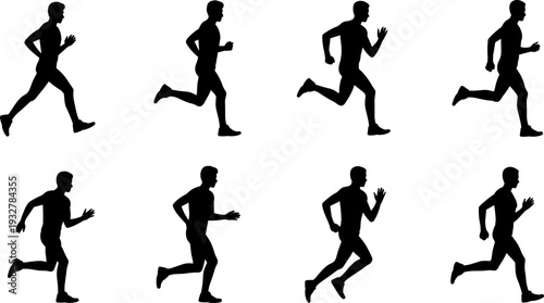 Male running silhouette collection, athlete jogging and sprinting poses for fitness cardio training isolated on white