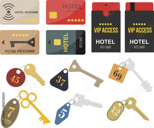Flat vector collection of hotel key cards, VIP access passes, and classic room keys with numbered tags. Modern hospitality design elements isolated on light background, ideal for travel branding