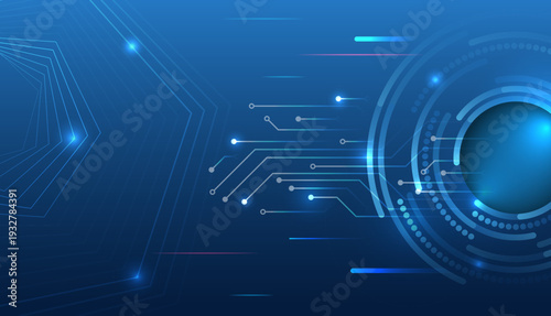 Modern blue tech background with glowing circuit paths and circular digital interface, illustrating fast data transfer, connectivity, innovation, and advanced high-tech systems.