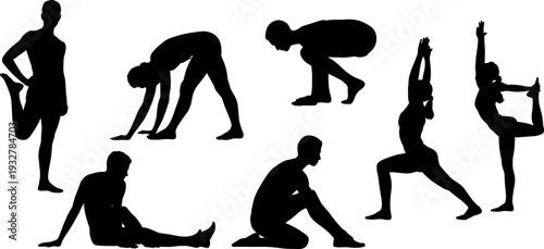 Stretching and yoga silhouette set, fitness flexibility training poses for warm up balance and healthy lifestyle