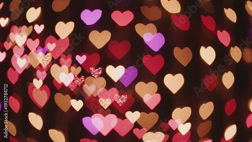 Colorful heart-shaped bokeh lights pattern on dark background