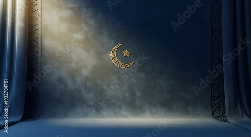 Golden crescent moon and star on ethereal blue cloudy background with elegant curtains, representing islamic festival or sacred event