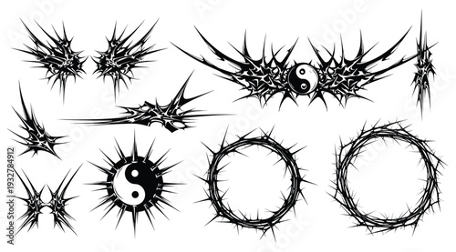 Collection of various barbwire shapes and symbols on white background including circles and yin yang