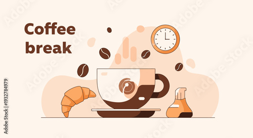 A serene coffee break scene with a cup, saucer, and croissant on a table, viewed from directly above, surrounded by coffee beans and a clock