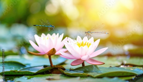 Flowers Bloom on a Pond With Dragonflies Flying Around During a Sunny Day Near Midday