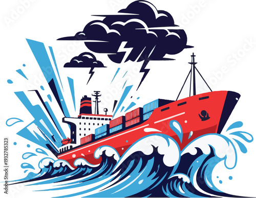 A red cargo ship navigates through turbulent ocean waves during a storm