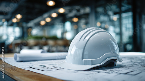construction helmet white on architectural blueprints office table symbolizes planning management engineering safety industrial development project work professional