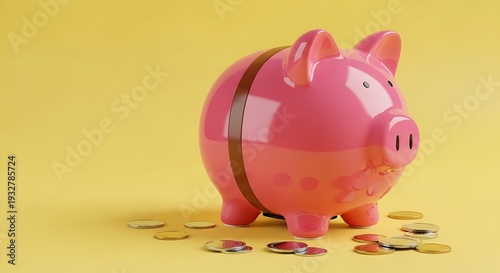 A pink piggy bank with a security strap stands on a bright yellow surface surrounded by scattered coins viewed from a slightly elevated angle