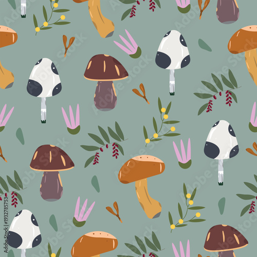 Seamless forest pattern with mushrooms, leaves, dogwood and sea buckthorn on soft green background, repeating botanical design for textile and wallpaper