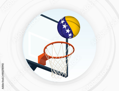 Bosnia and Herzegovina Flag Themed Basketball in Motion, Scoring Moment in Basketball Game.