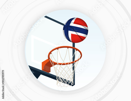 Norway Flag Themed Basketball in Motion, Scoring Moment in Basketball Game.