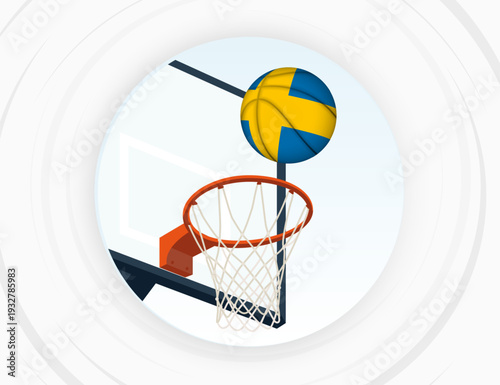 Sweden Flag Themed Basketball in Motion, Scoring Moment in Basketball Game.