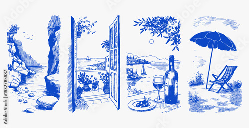 Rocky coast balcony doors wine table beach. Hand drawn mediterranean summer scenes with cliffs, terrace view, food and seaside relaxation. Vintage italian vacation illustration set.