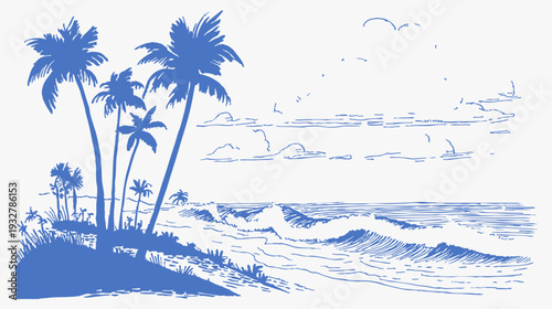 Tropical palms beach waves ocean sunset horizon. Hand drawn crayon vintage sketch drawing line art with island coast, foam surf and clouds. Retro summer travel seaside scene.