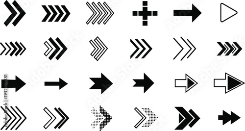 Large collection of black arrow icons and symbols set, including directional pointers, play buttons, chevrons